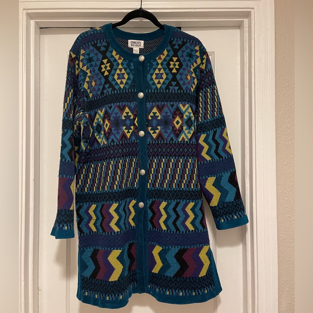 Chico's Teal Multicolor Geometric Knit Cardigan